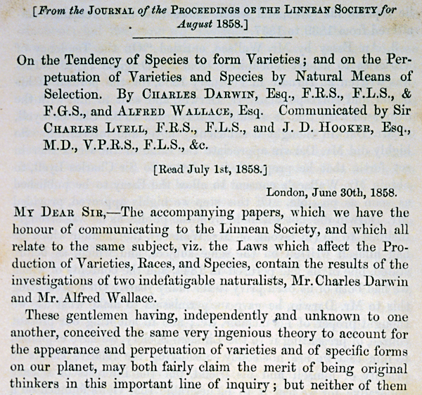 Trecho do documento de Wallace & Darwin publicado pela Linnean Society em 1° de julho de 1858.